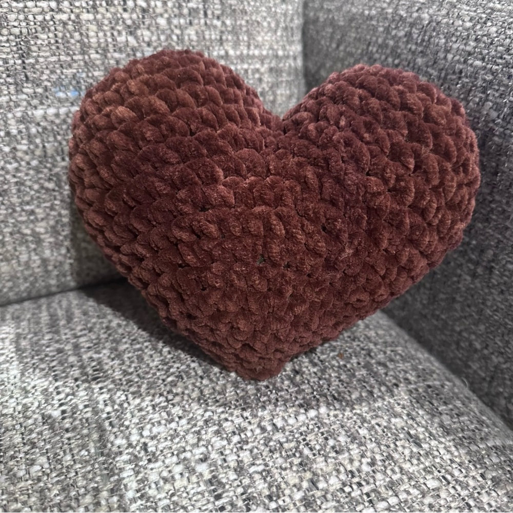 Chocolate, velvet hand, crocheted, heart, plush/pillow. Fat free Valentine gift